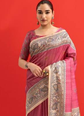 Pink color tussar silk blend madhubani printed sarees 4