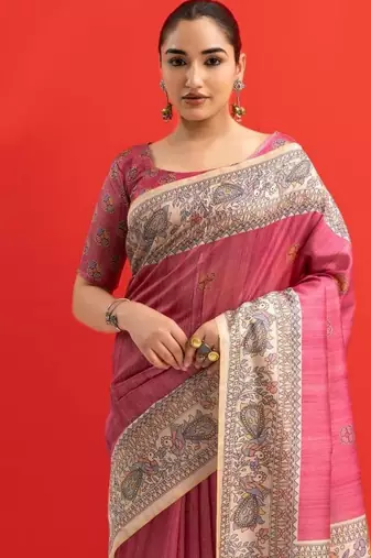 Pink color tussar silk blend madhubani printed sarees