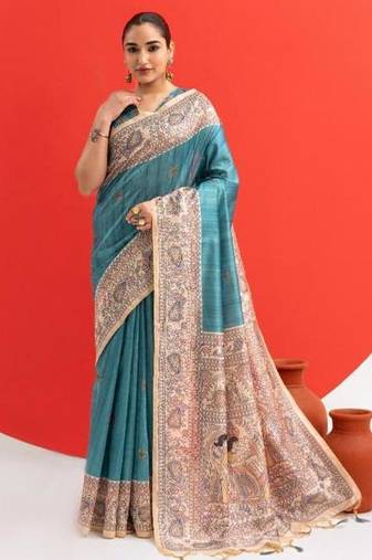 Aqua blue color tussar silk madhubani printed sarees