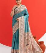 Aqua blue color tussar silk blend madhubani printed sarees