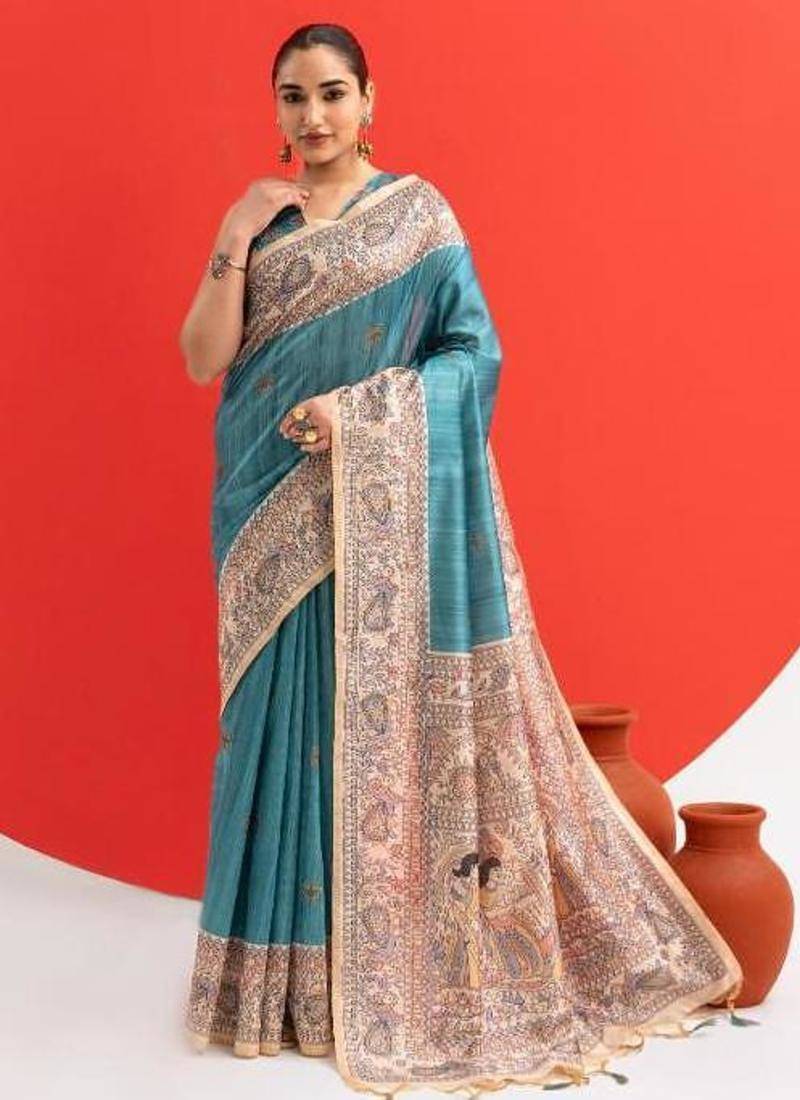 Aqua blue color tussar silk madhubani printed sarees