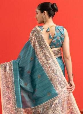 Aqua blue color tussar silk blend madhubani printed sarees 2