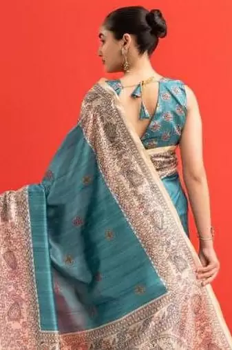 Aqua blue color tussar silk blend madhubani printed sarees