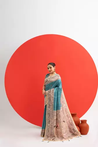 Aqua blue color tussar silk blend madhubani printed sarees