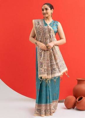 Aqua blue color tussar silk blend madhubani printed sarees 4