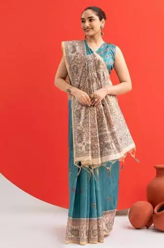 Aqua blue color tussar silk blend madhubani printed sarees