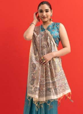 Aqua blue color tussar silk blend madhubani printed sarees 5