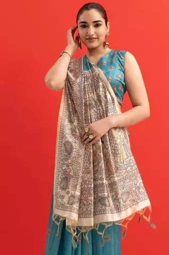 Aqua blue color tussar silk blend madhubani printed sarees