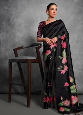Black tussar silk blend lotus printed sarees 1