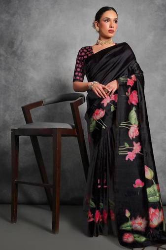 Black color tussar silk lotus printed sarees
