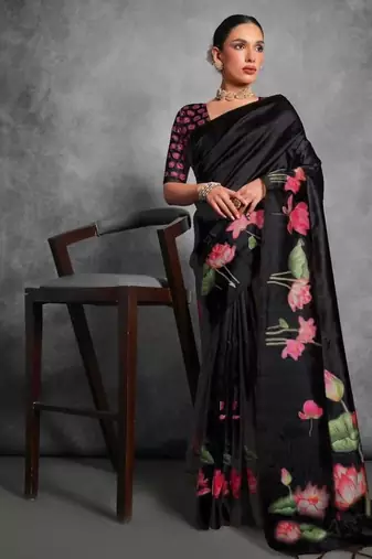 Black color tussar silk blend lotus printed sarees