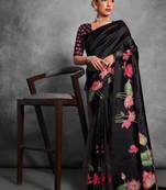 Black color tussar silk blend lotus printed sarees