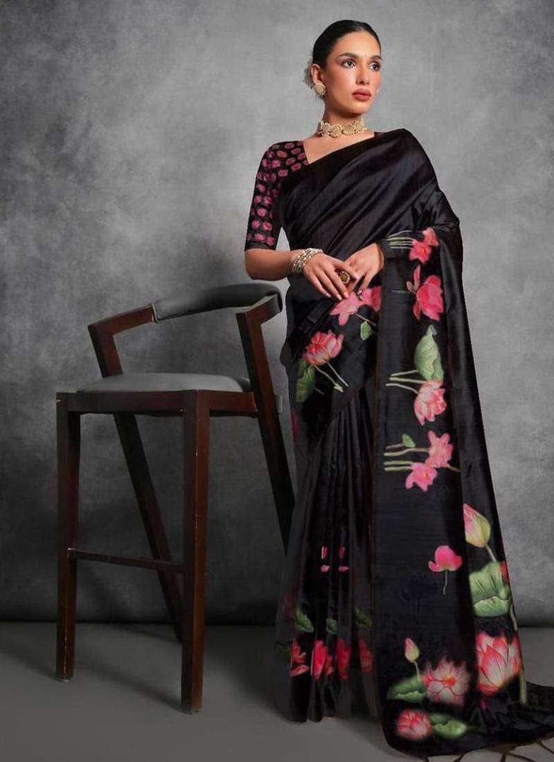 Black color tussar silk lotus printed sarees