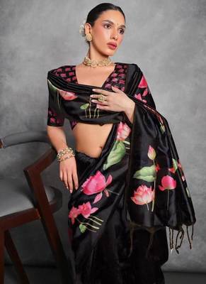 Black tussar silk blend lotus printed sarees 2
