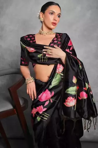 Black color tussar silk blend lotus printed sarees