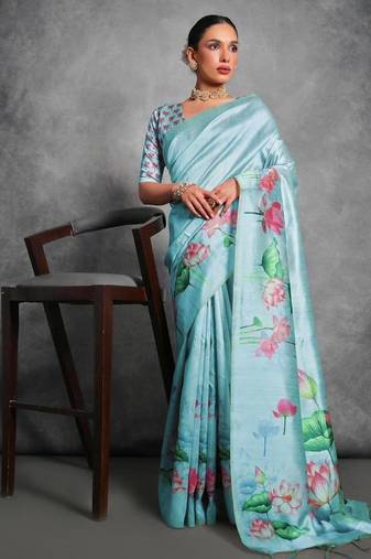 Sky blue color tussar silk lotus printed sarees