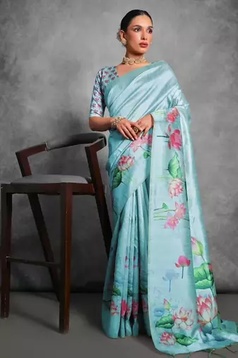 Sky blue color tussar silk blend lotus printed sarees