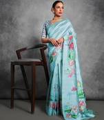 Sky blue color tussar silk blend lotus printed sarees