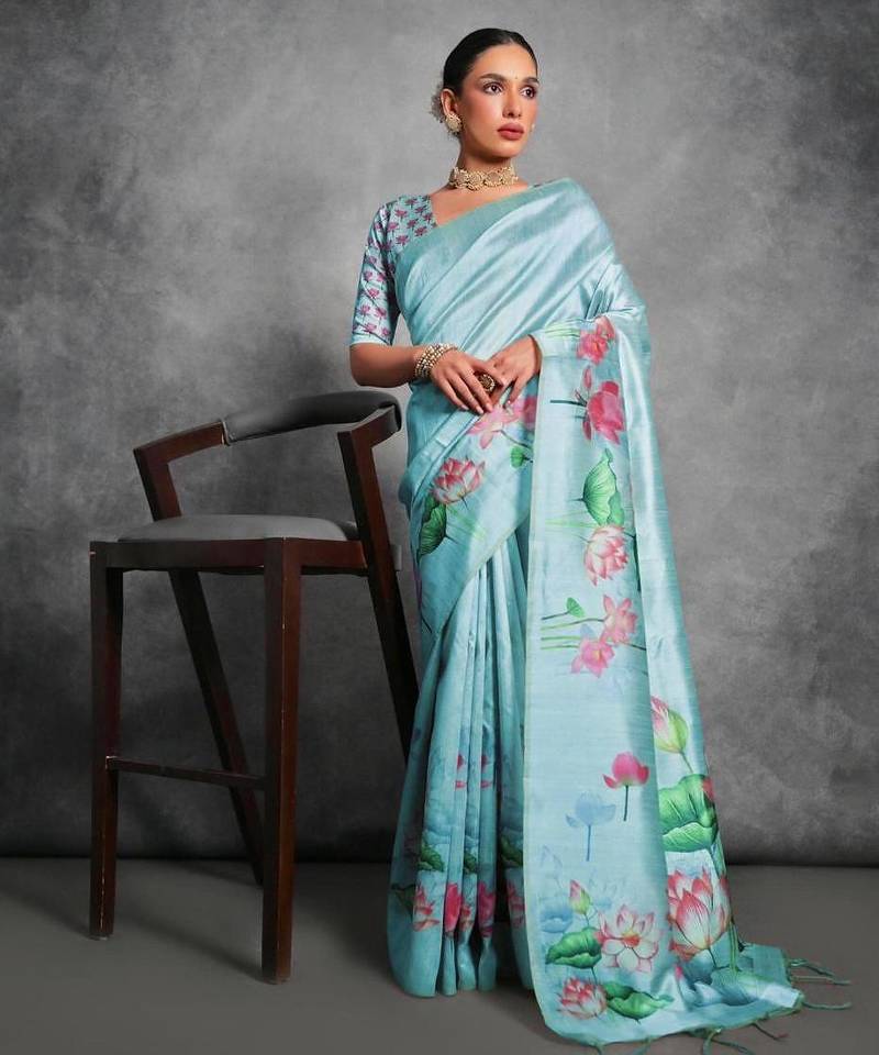 Sky blue color tussar silk lotus printed sarees