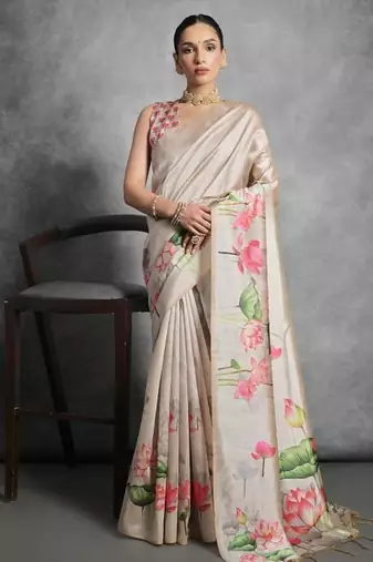 Cream color tussar silk blend lotus printed sarees
