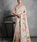 Cream color tussar silk blend lotus printed sarees