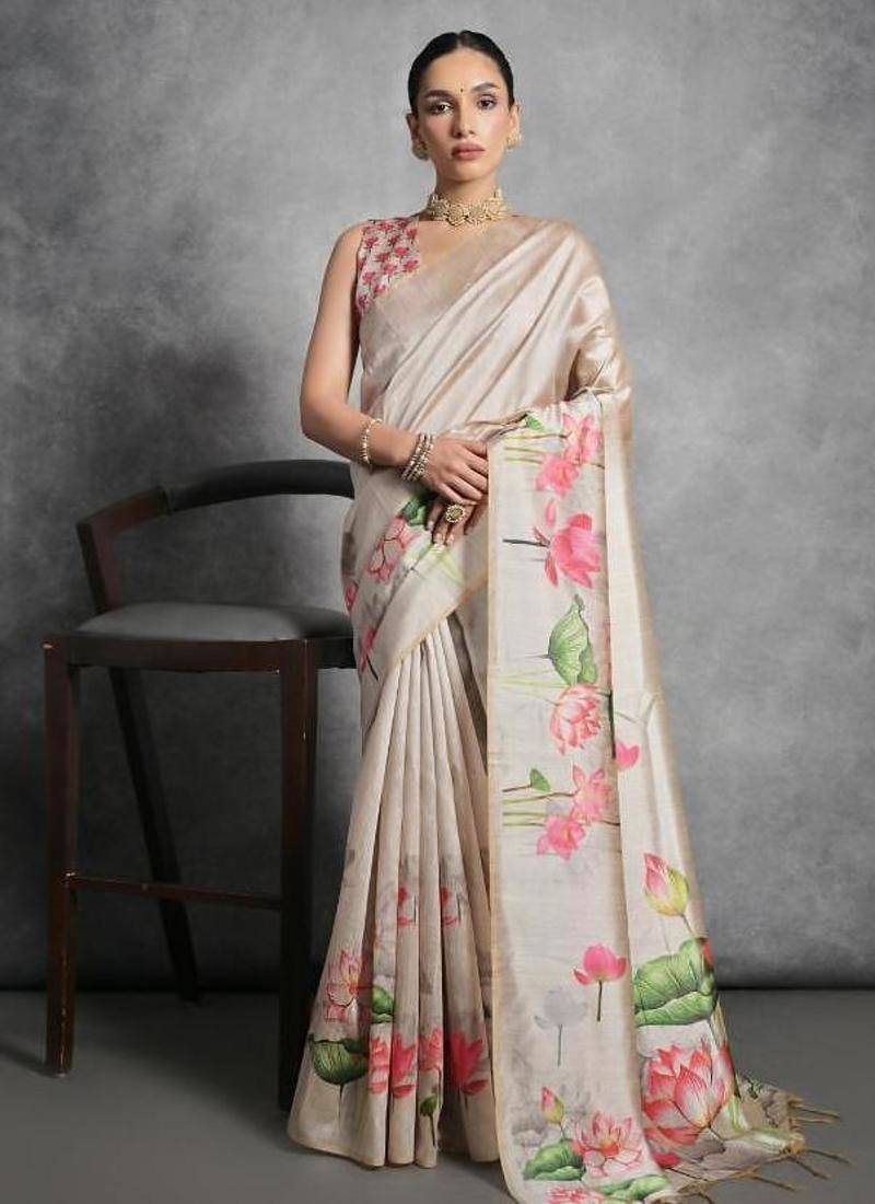Cream color tussar silk lotus printed sarees