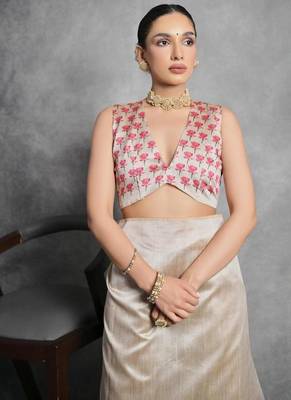 Cream color tussar silk blend lotus printed sarees 2