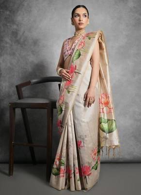 Cream color tussar silk blend lotus printed sarees 3