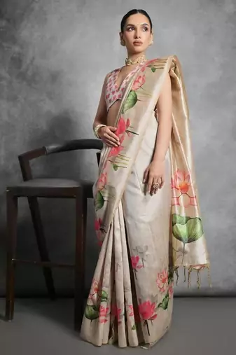 Cream color tussar silk blend lotus printed sarees