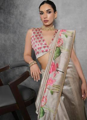 Cream color tussar silk blend lotus printed sarees 4