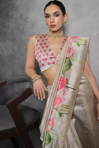 Cream color tussar silk blend lotus printed sarees