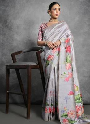 Grey color tussar silk blend lotus printed sarees 1