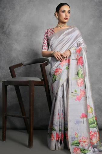 Grey color tussar silk blend lotus printed sarees