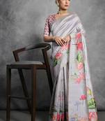 Grey color tussar silk blend lotus printed sarees