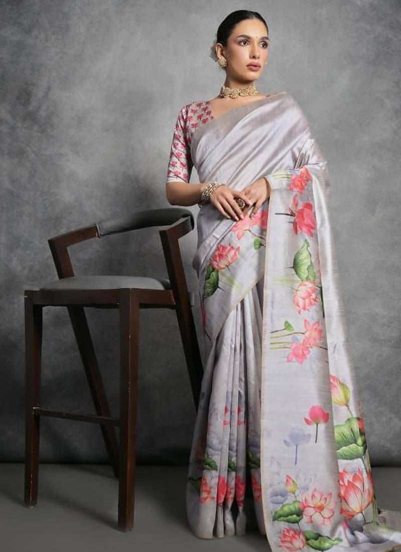Grey color tussar silk lotus printed sarees