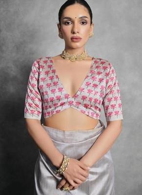 Grey color tussar silk blend lotus printed sarees 2