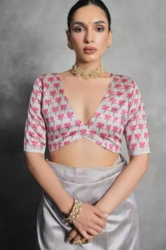 Grey color tussar silk blend lotus printed sarees