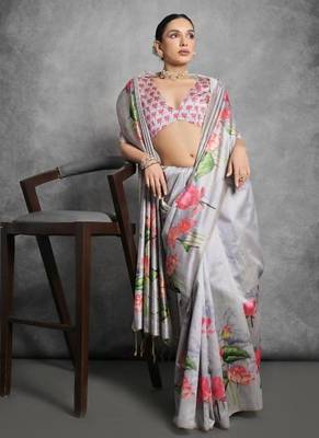 Grey color tussar silk blend lotus printed sarees 3