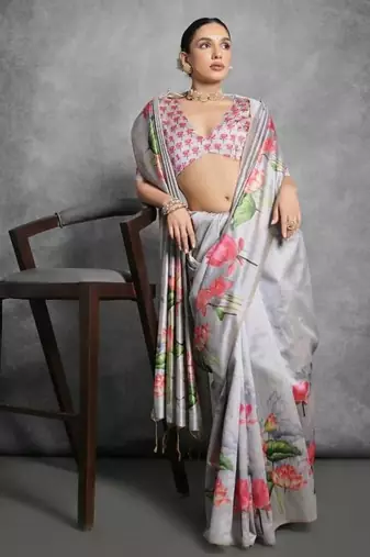 Grey color tussar silk blend lotus printed sarees