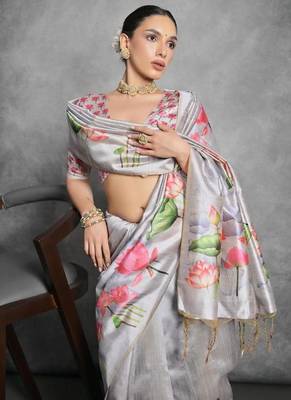 Grey color tussar silk blend lotus printed sarees 4