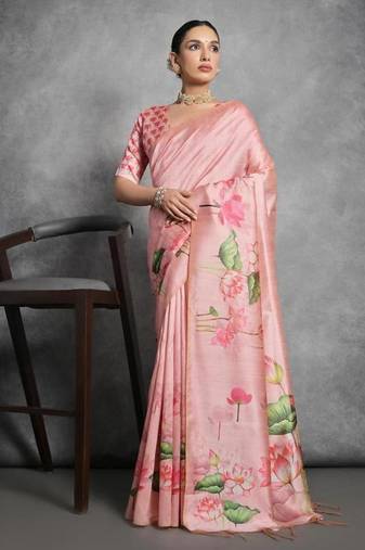 Peach color tussar silk lotus printed sarees