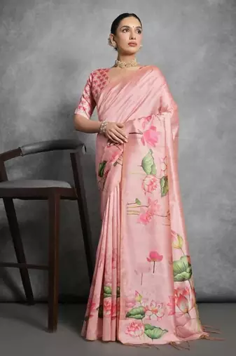 Peach color tussar silk lotus printed sarees