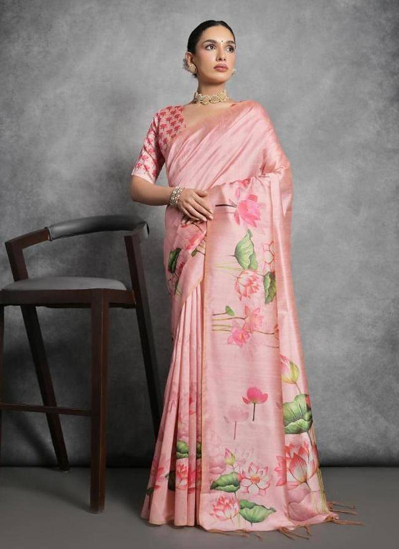 Peach color tussar silk lotus printed sarees