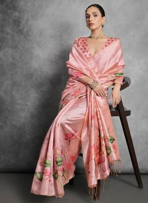 Peach color tussar silk blend lotus printed sarees 3