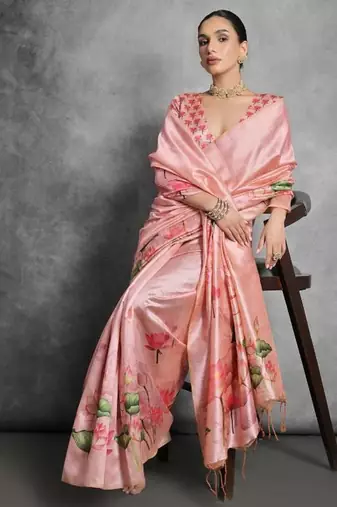 Peach color tussar silk blend lotus printed sarees