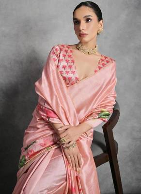 Peach color tussar silk blend lotus printed sarees 4