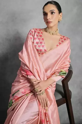 Peach color tussar silk blend lotus printed sarees