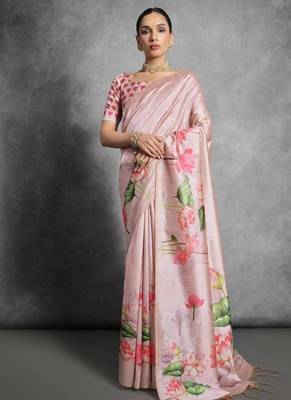 Pink color tussar silk blend lotus printed sarees 1