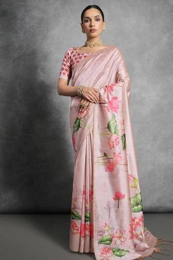 Pink color tussar silk lotus printed sarees