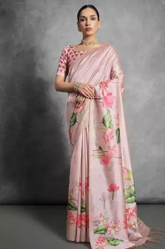 Pink color tussar silk blend lotus printed sarees
